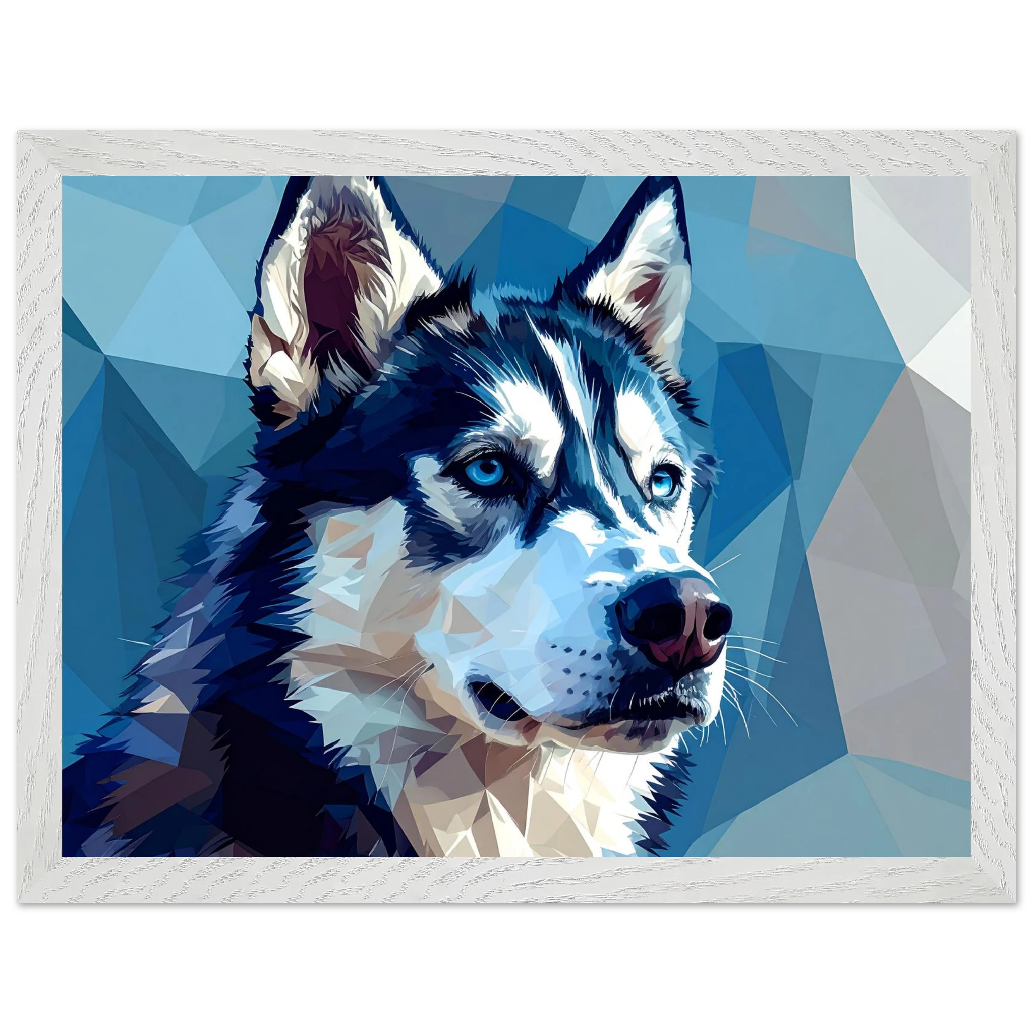 Abstrakter Husky: Premium-Poster mit Rahmen – Leuchtende Augen im geometrischen Design-petllective