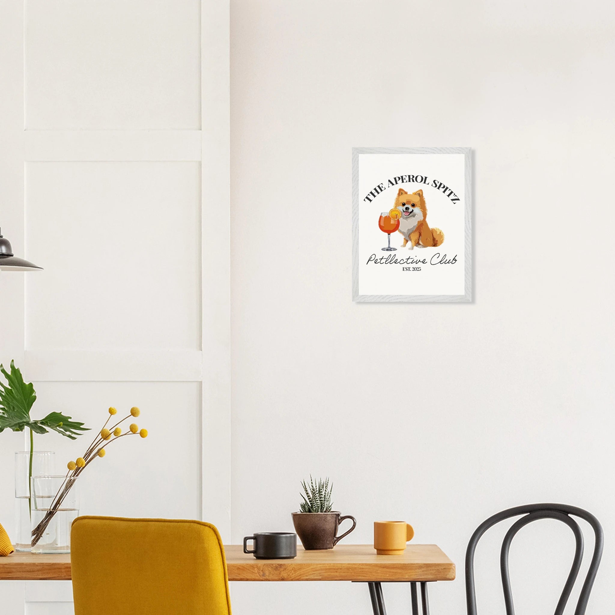 Wandbild Hund Illustration „Aperol Spitz“ – Premium Poster im Holzrahmen-petllective