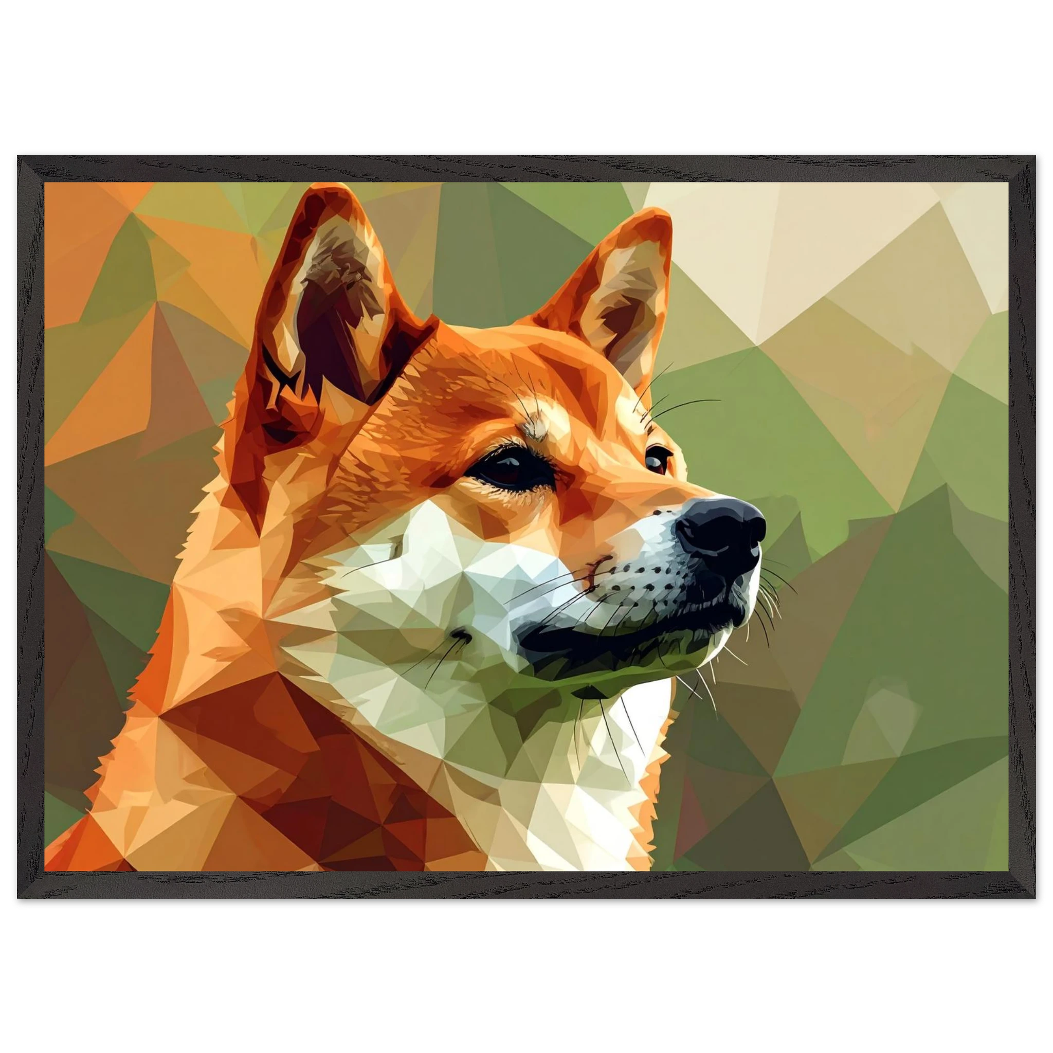 Shiba Inu Polygon Art Premium-Poster – Hundeliebe in leuchtenden Farben mit Holzrahmen-petllective