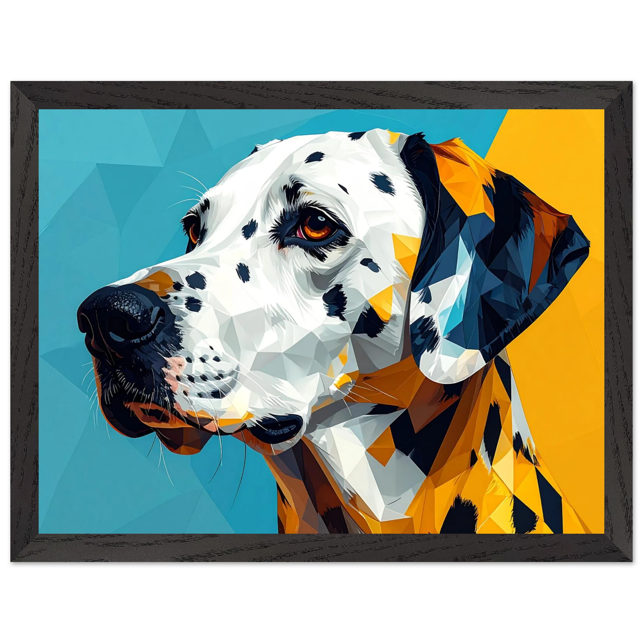 Abstraktes Dalmatiner-Portrait: Gerahmtes Premium-Poster in lebendigem Blau-Gelb-petllective