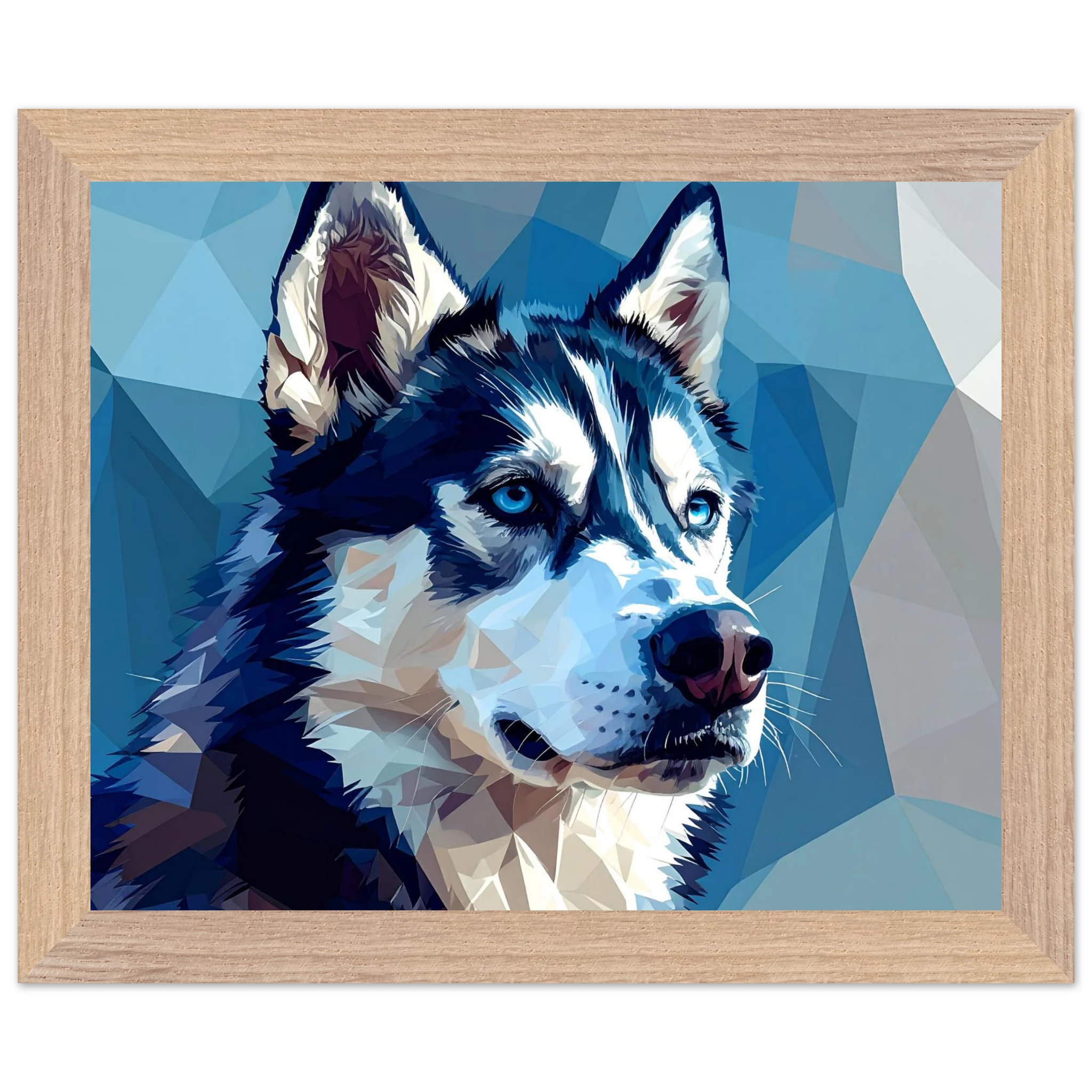 Abstrakter Husky: Premium-Poster mit Rahmen – Leuchtende Augen im geometrischen Design-petllective