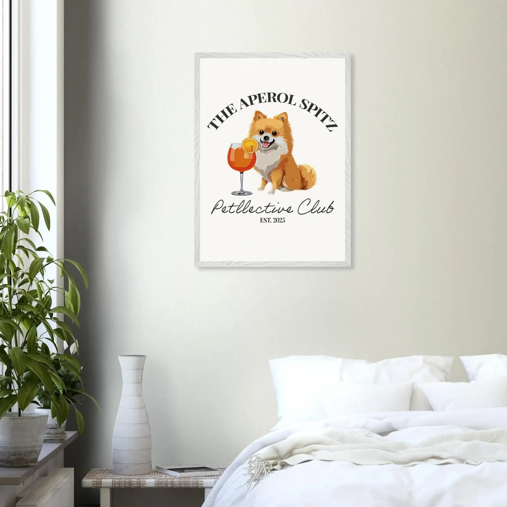 Wandbild Hund Illustration „Aperol Spitz“ – Premium Poster im Holzrahmen-petllective
