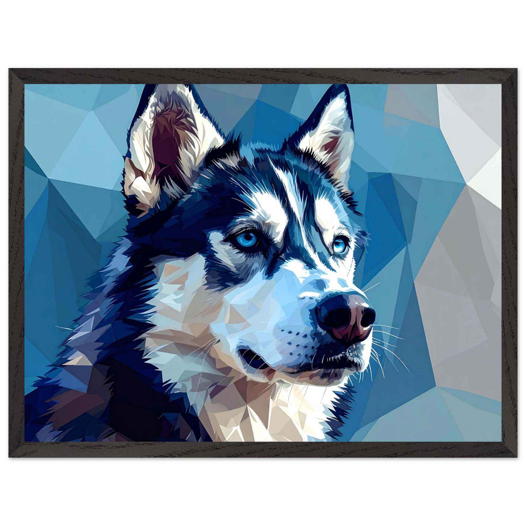 Abstrakter Husky: Premium-Poster mit Rahmen – Leuchtende Augen im geometrischen Design-petllective
