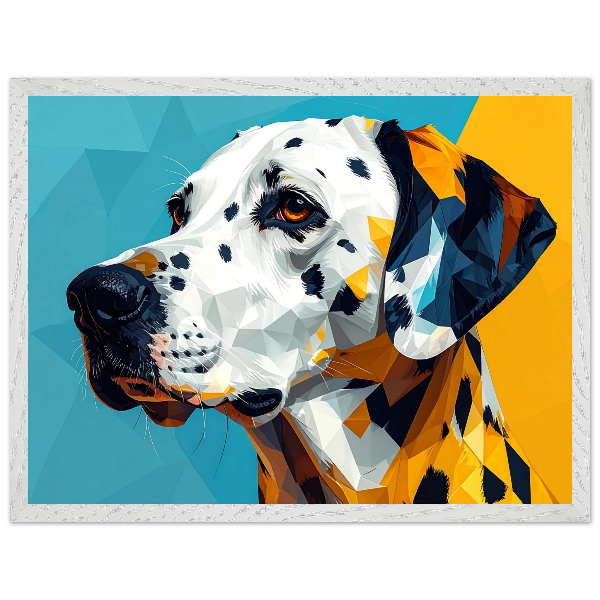 Abstraktes Dalmatiner-Portrait: Gerahmtes Premium-Poster in lebendigem Blau-Gelb-petllective