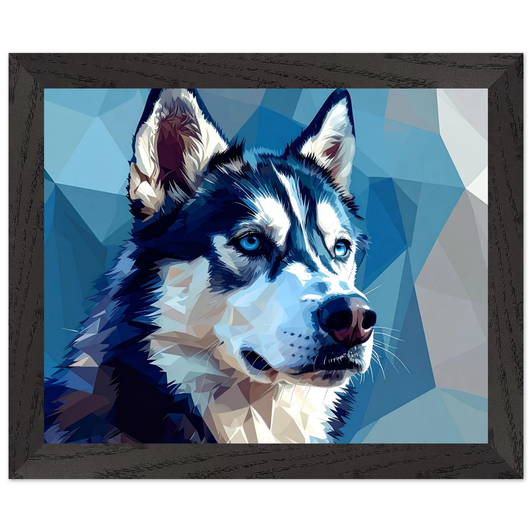Abstrakter Husky: Premium-Poster mit Rahmen – Leuchtende Augen im geometrischen Design-petllective