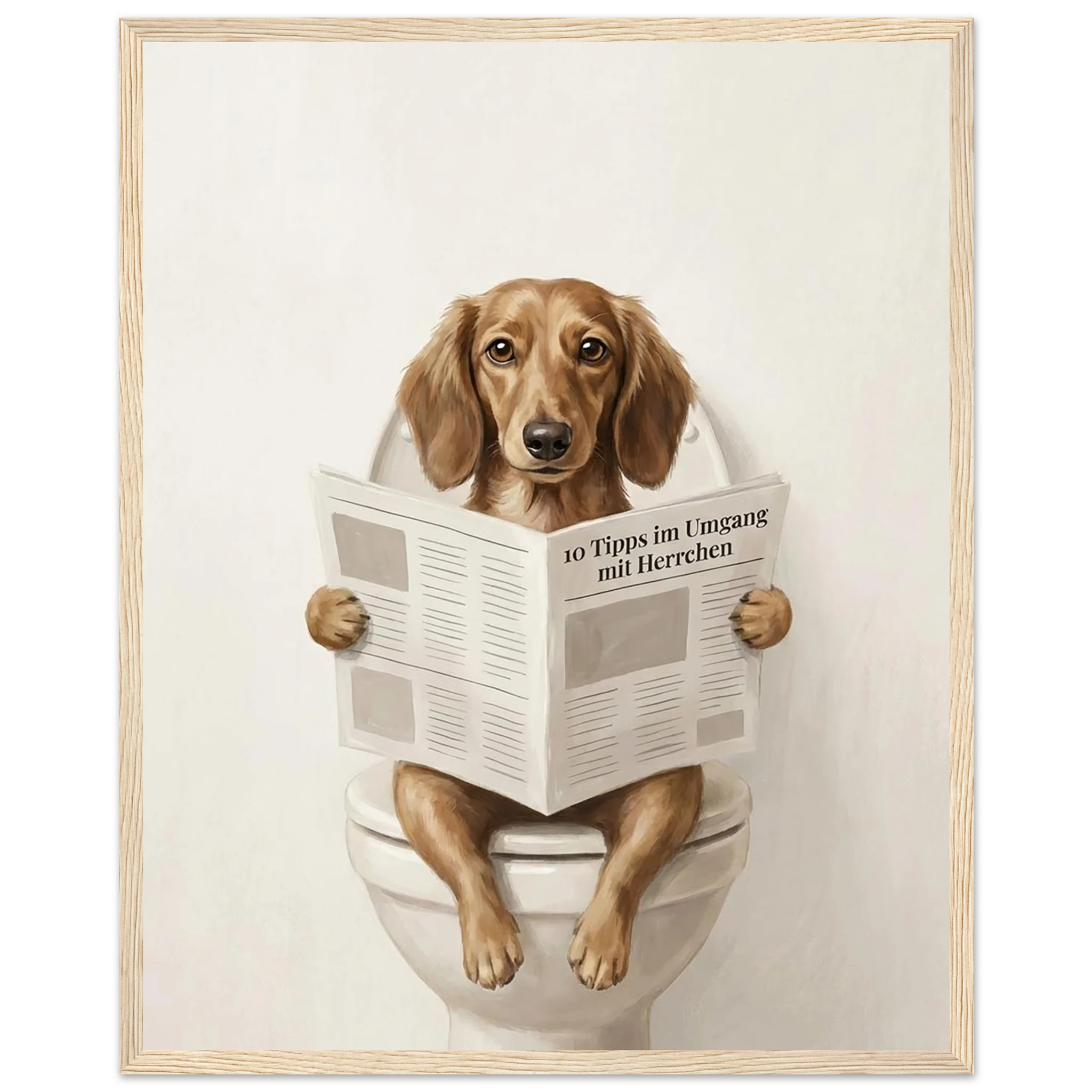 Nordic Fine-Art Poster Hund auf Toilette – humorvolles Wandbild für Hundeliebhaber im skandinavischen Stil
