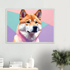 Abstrakter Shiba Inu: Gerahmtes Premium-Poster mit lebendigen geometrischen Formen in Pastellfarben-petllective