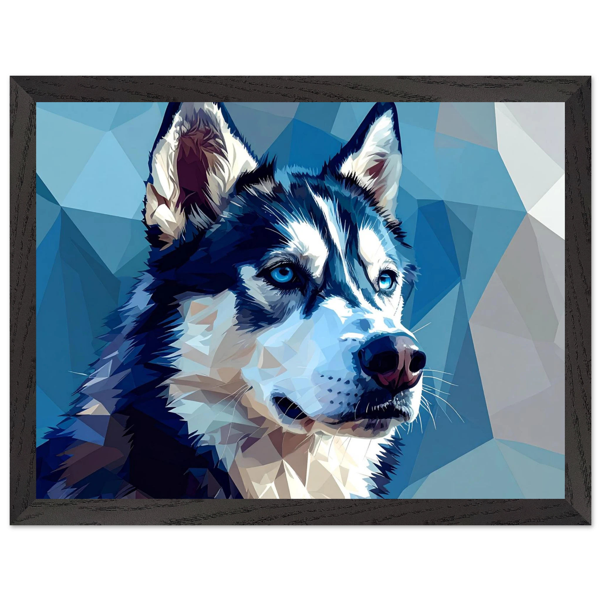 Abstrakter Husky: Premium-Poster mit Rahmen – Leuchtende Augen im geometrischen Design-petllective