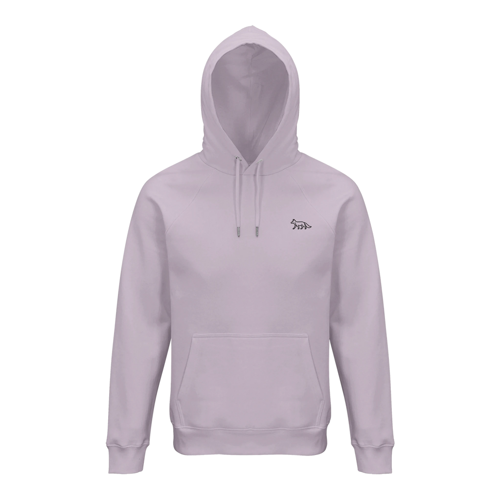Unisex-Hoodie in Lila mit gesticktem Fuchs-Emblem auf der Brust, minimalistisches nachhaltiges Design von Petllective