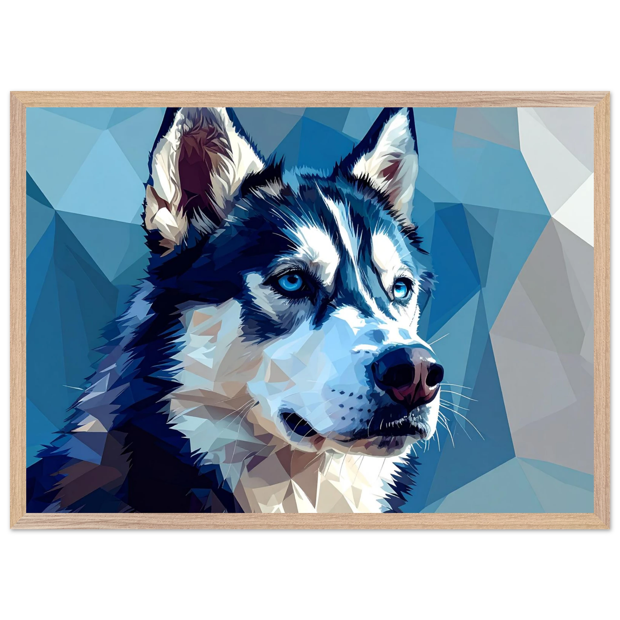 Abstrakter Husky: Premium-Poster mit Rahmen – Leuchtende Augen im geometrischen Design-petllective