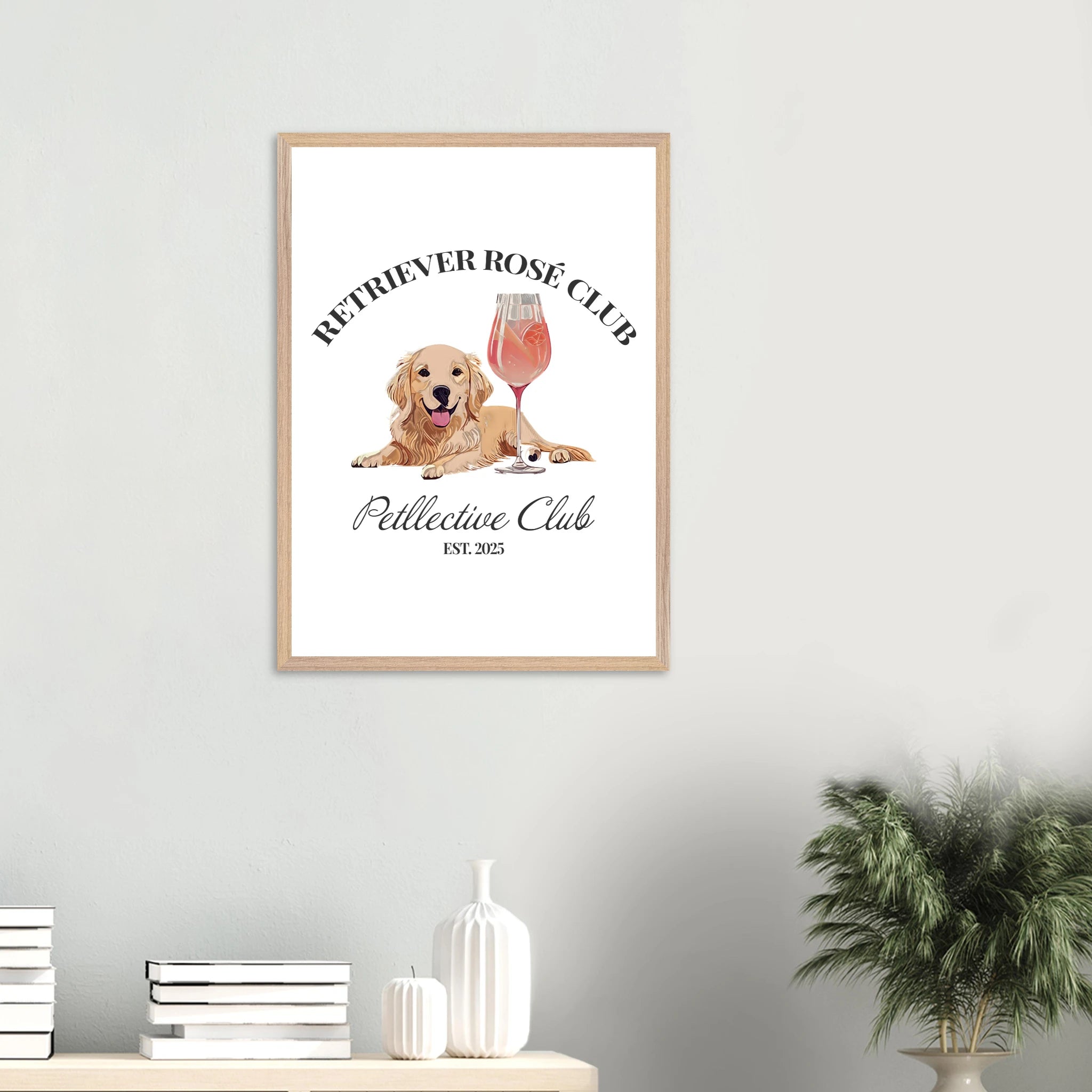 Retriever Rosé Club Wandbild – Hund Illustration im Premium Holzrahmen-petllective