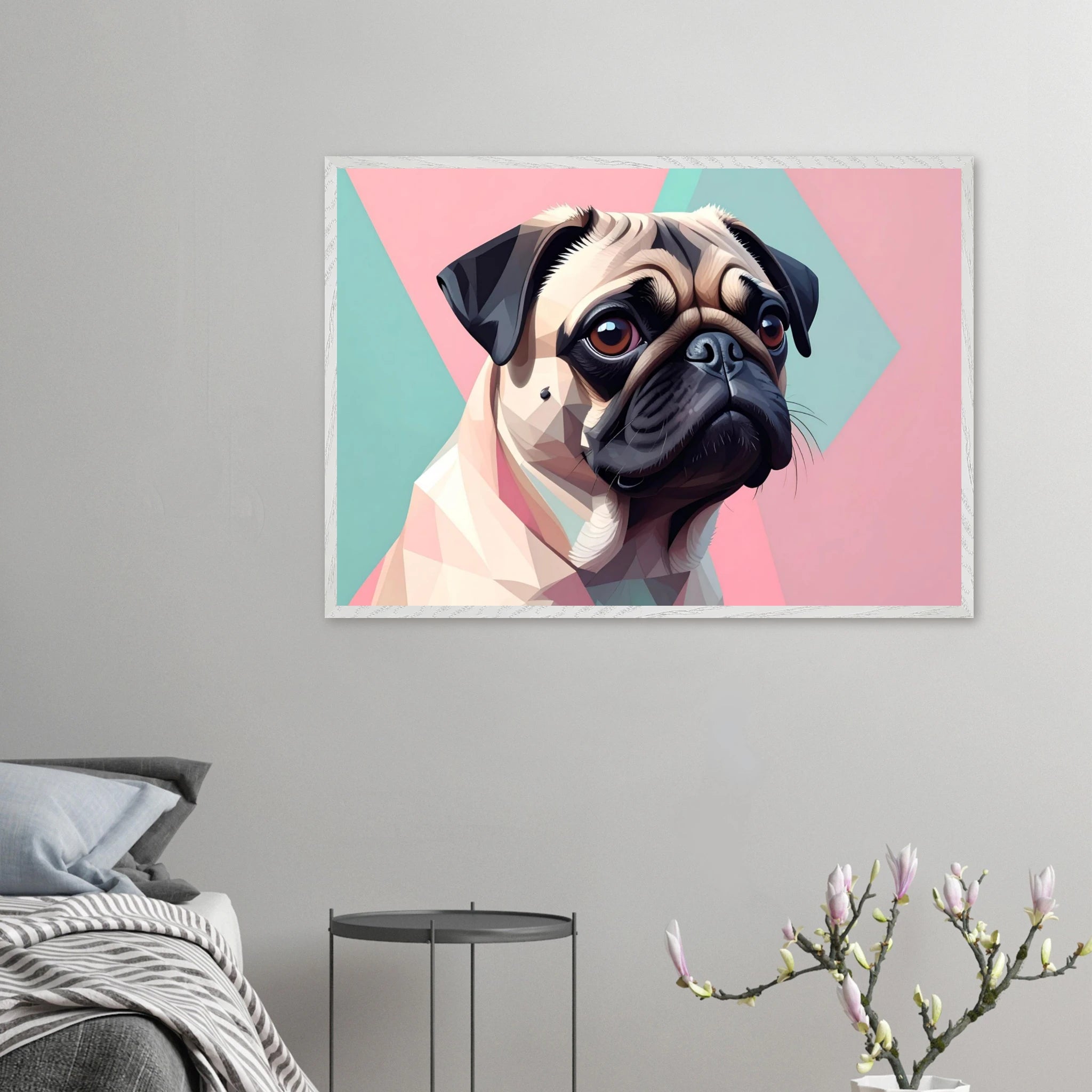 Niedlicher Mops im Pop-Art-Stil: Gerahmtes Premium-Poster mit lebendigen Farben und verschiedenen Rahmungen-petllective
