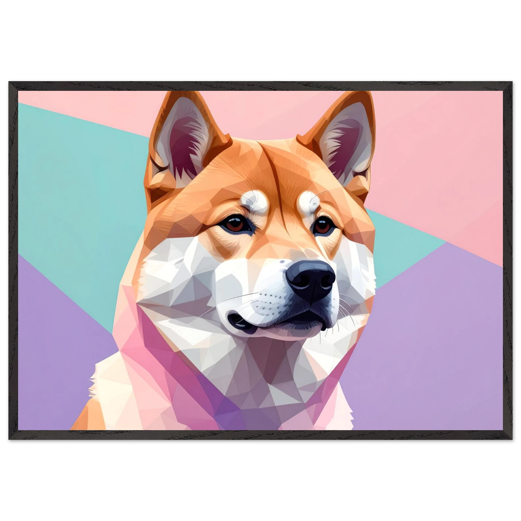 Abstrakter Shiba Inu: Gerahmtes Premium-Poster mit lebendigen geometrischen Formen in Pastellfarben-petllective