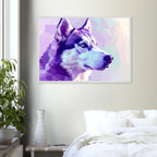 Abstrakter Husky-Portrait-Kunstdruck – Gerahmtes Premium-Poster in faszinierenden Lila-Tönen-petllective