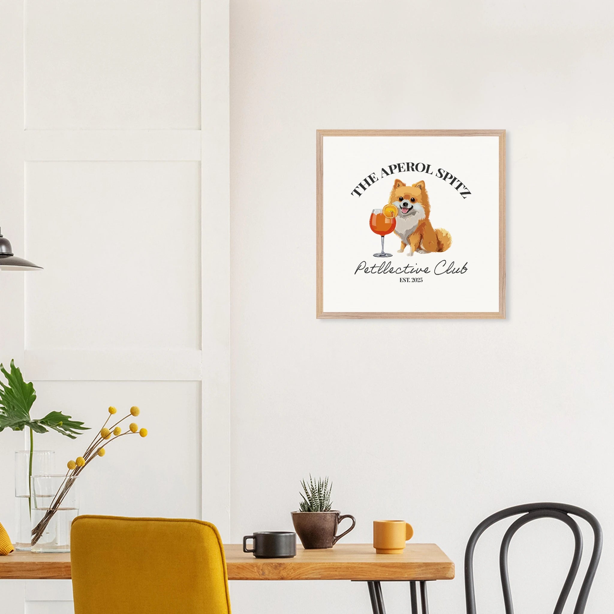 Wandbild Hund Illustration „Aperol Spitz“ – Premium Poster im Holzrahmen-petllective