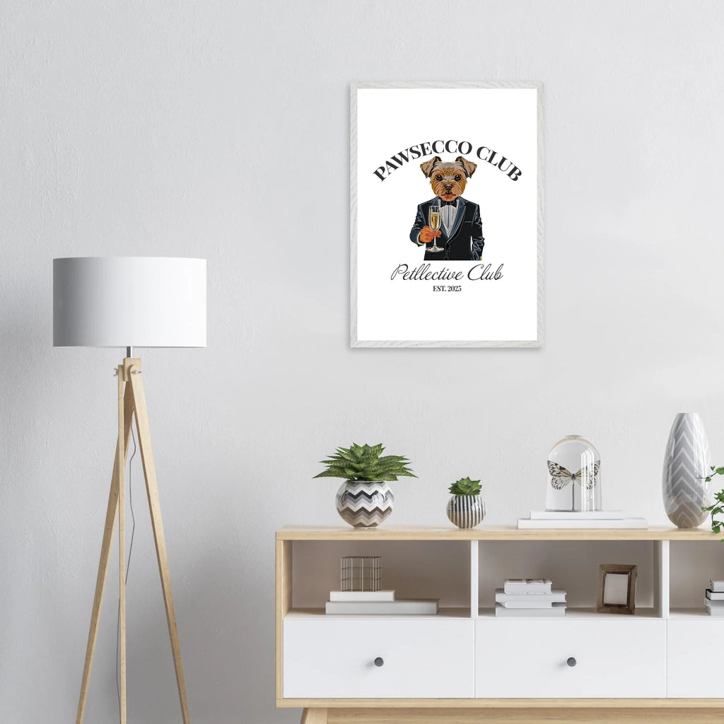 Wandbild Hund „Pawsecco Club“ – Premium Poster mit Holzrahmen-petllective