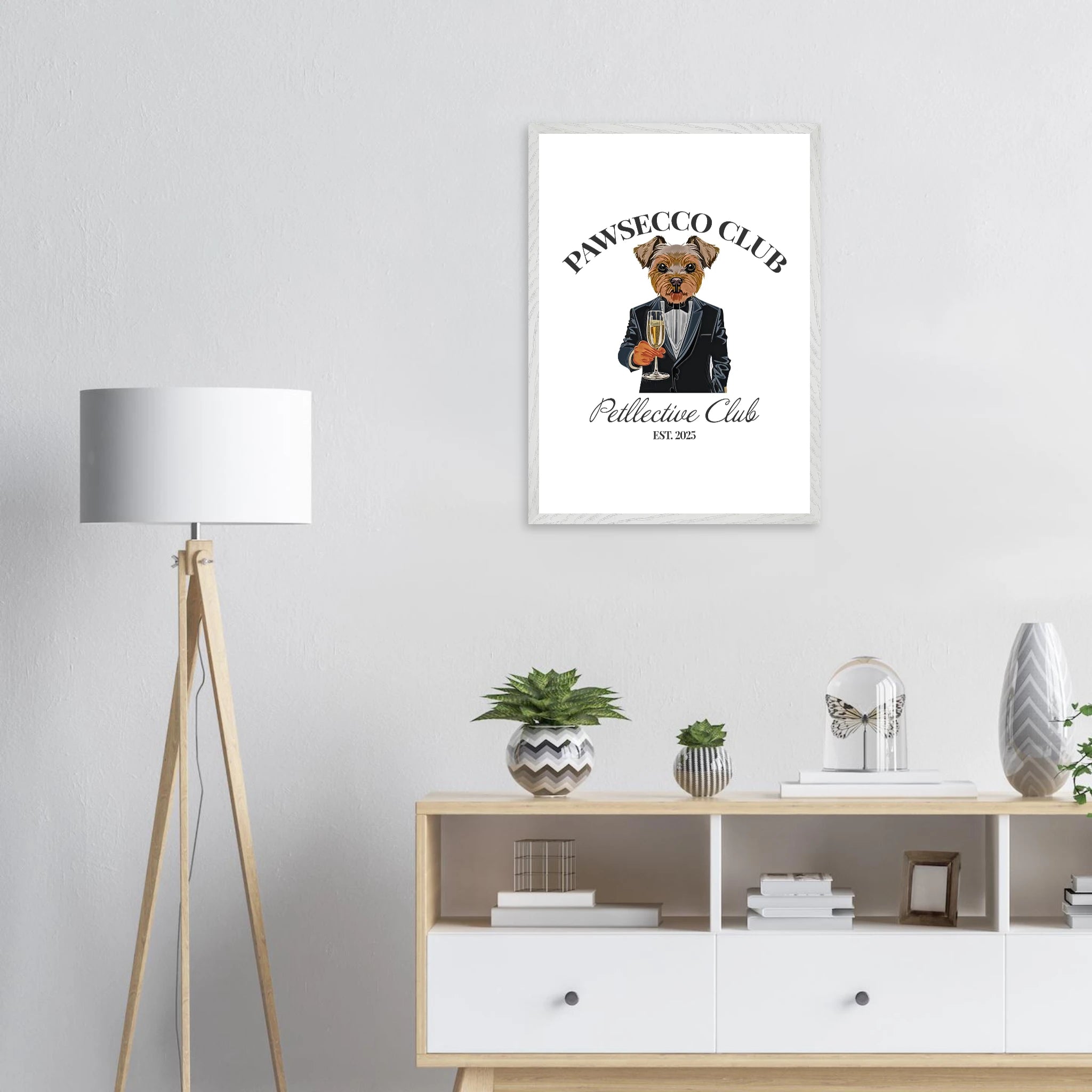 Wandbild Hund „Pawsecco Club“ – Premium Poster mit Holzrahmen-petllective