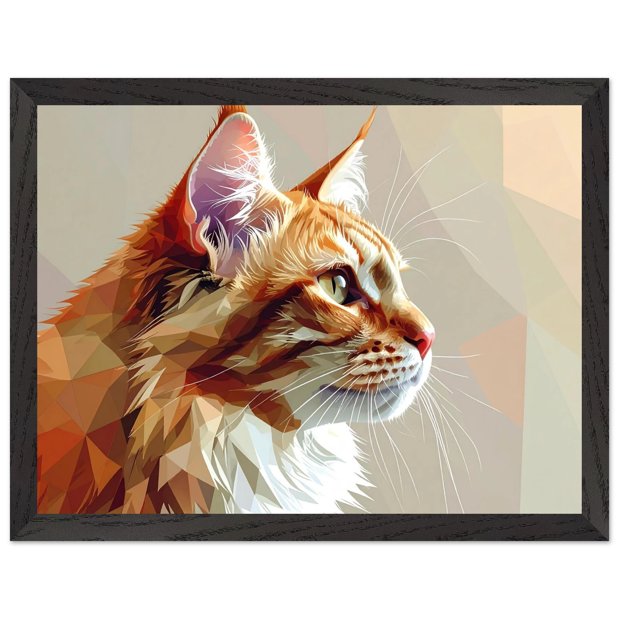 Abstraktes Katzenportrait Premium-Poster mit Rahmen – In orangefarbenem Polygon-Stil, in verschiedenen Größen und Rahmenfarben erhältlich-petllective