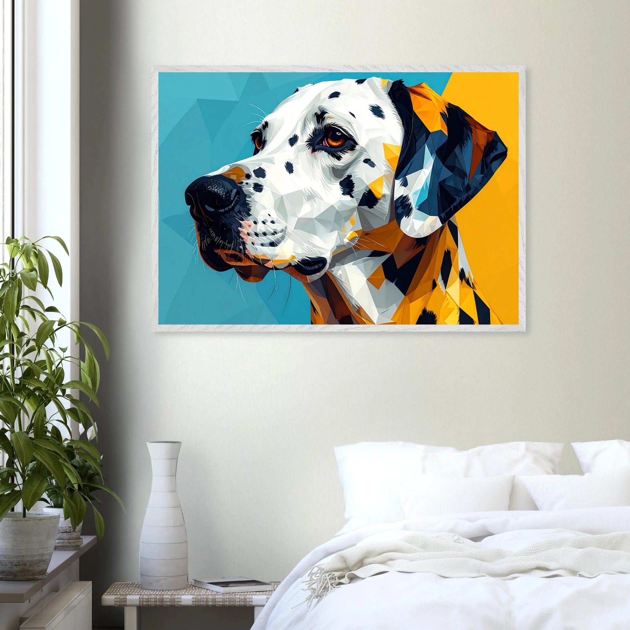 Abstraktes Dalmatiner-Portrait: Gerahmtes Premium-Poster in lebendigem Blau-Gelb-petllective