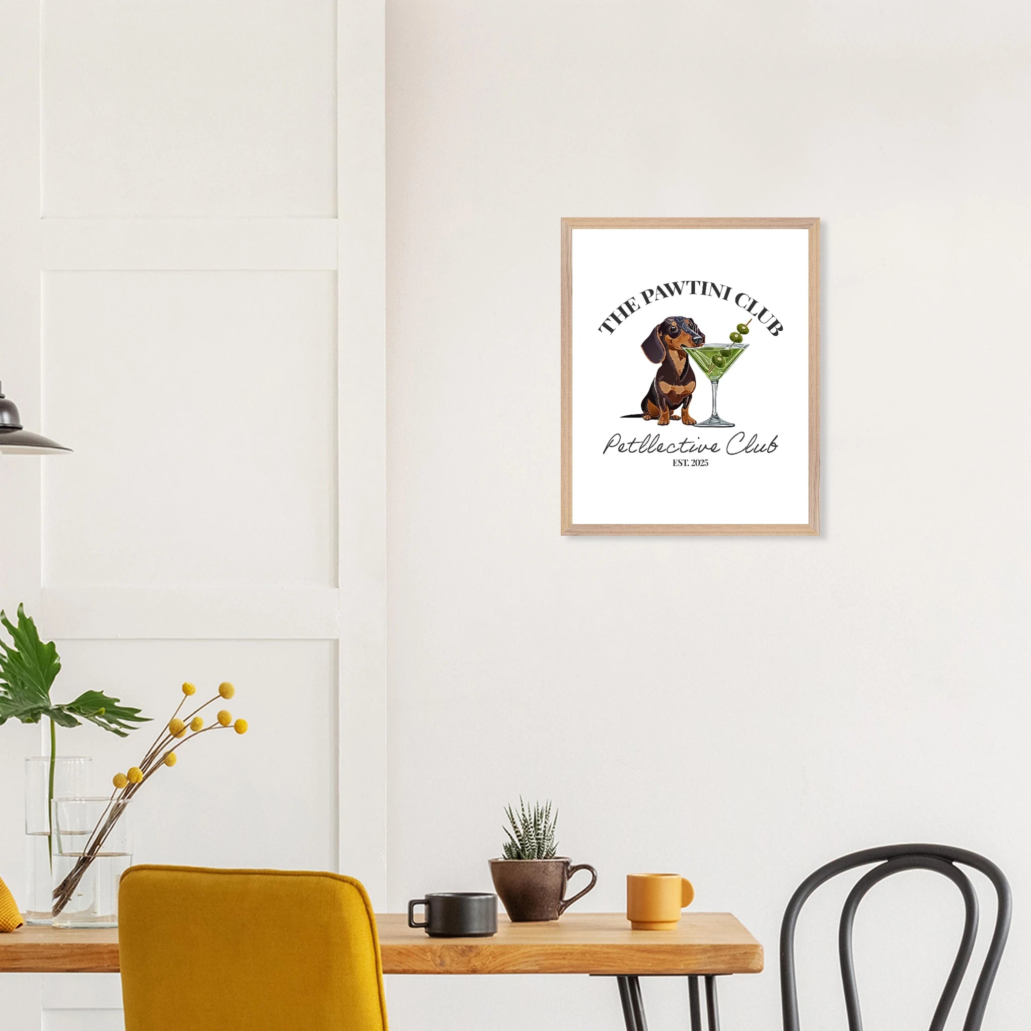 Wandbild Dackel Illustration „The Pawtini Club“ – Premium Poster mit Holzrahmen-petllective