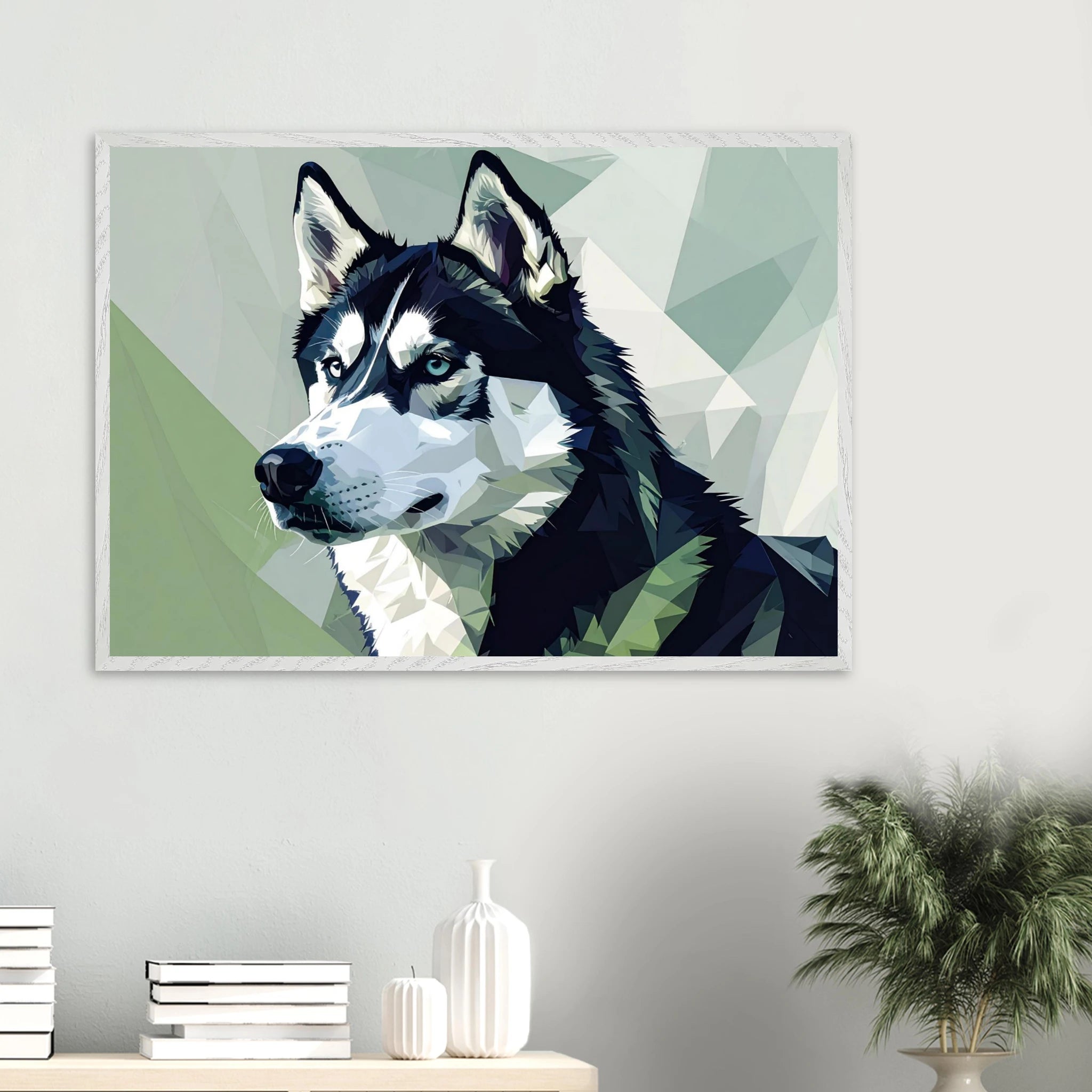 Abstraktes Husky-Porträt – Gerahmtes Premium-Poster mit lebendigen Farben und dezentem Glanz-petllective