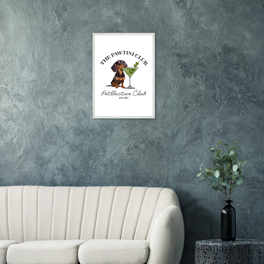 Wandbild Dackel Illustration „The Pawtini Club“ – Premium Poster mit Holzrahmen-petllective