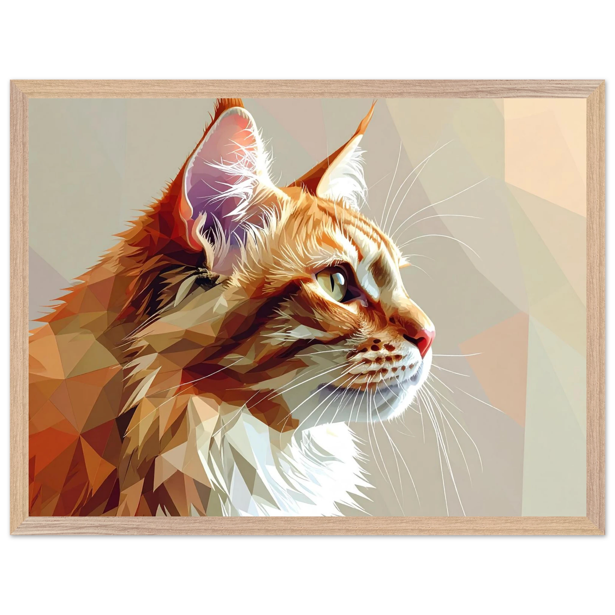 Abstraktes Katzenportrait Premium-Poster mit Rahmen – In orangefarbenem Polygon-Stil, in verschiedenen Größen und Rahmenfarben erhältlich-petllective