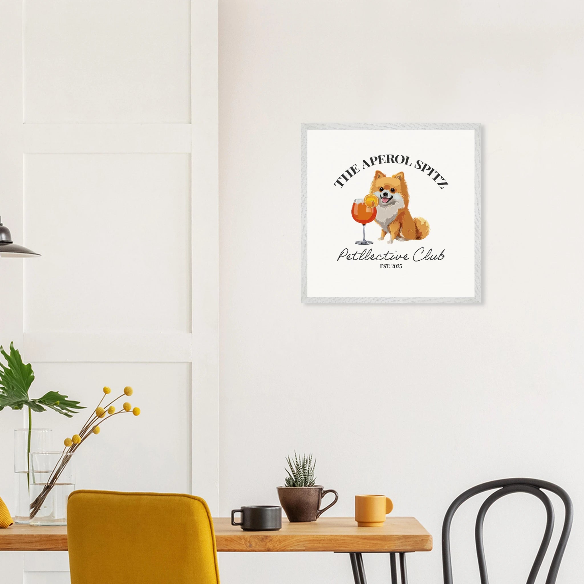 Wandbild Hund Illustration „Aperol Spitz“ – Premium Poster im Holzrahmen-petllective