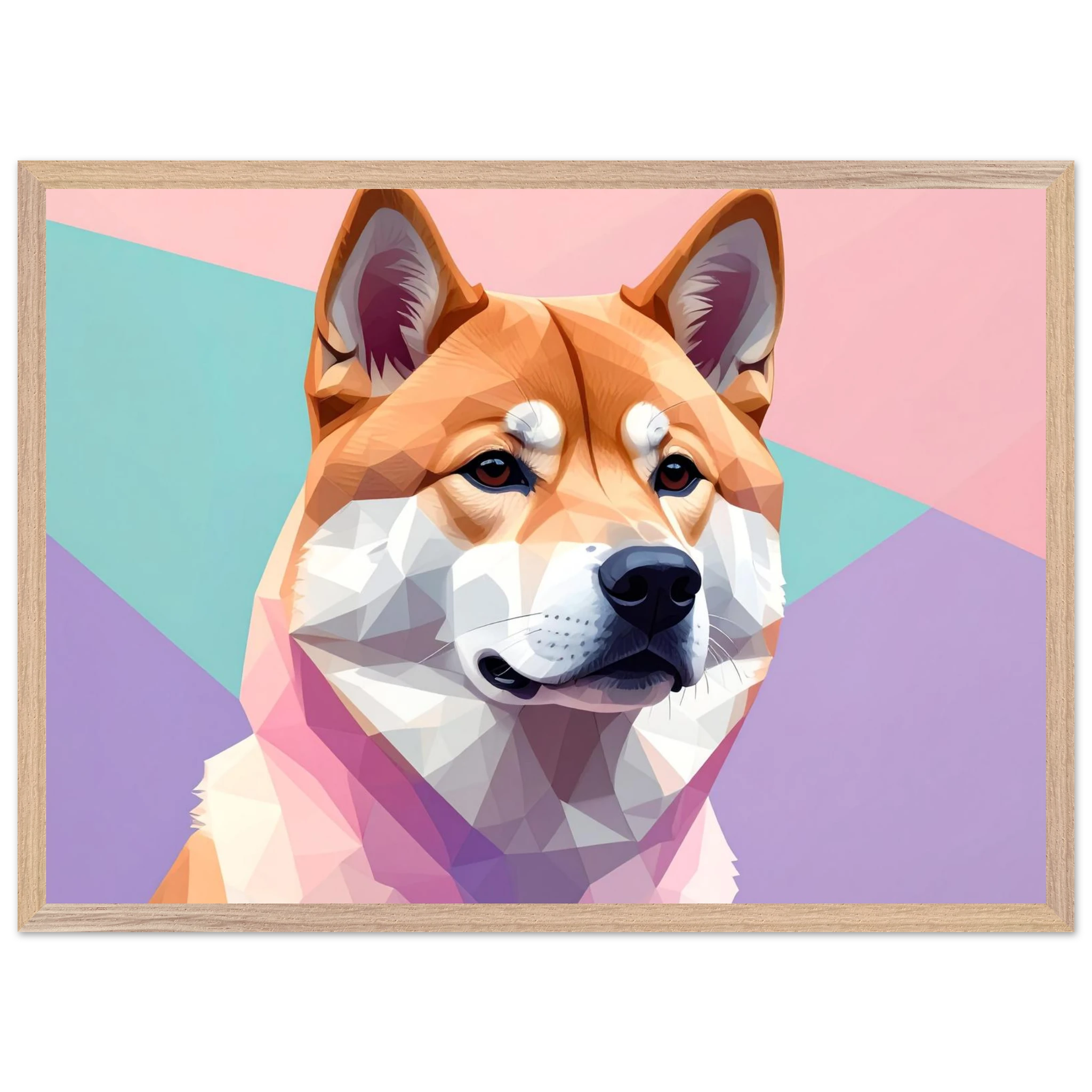 Abstrakter Shiba Inu: Gerahmtes Premium-Poster mit lebendigen geometrischen Formen in Pastellfarben-petllective