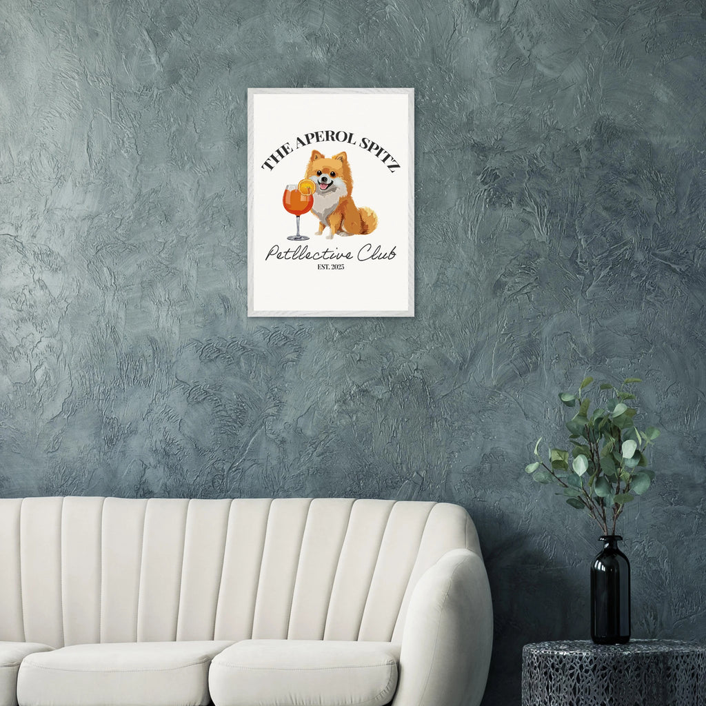 Wandbild Hund Illustration „Aperol Spitz“ – Premium Poster im Holzrahmen-petllective