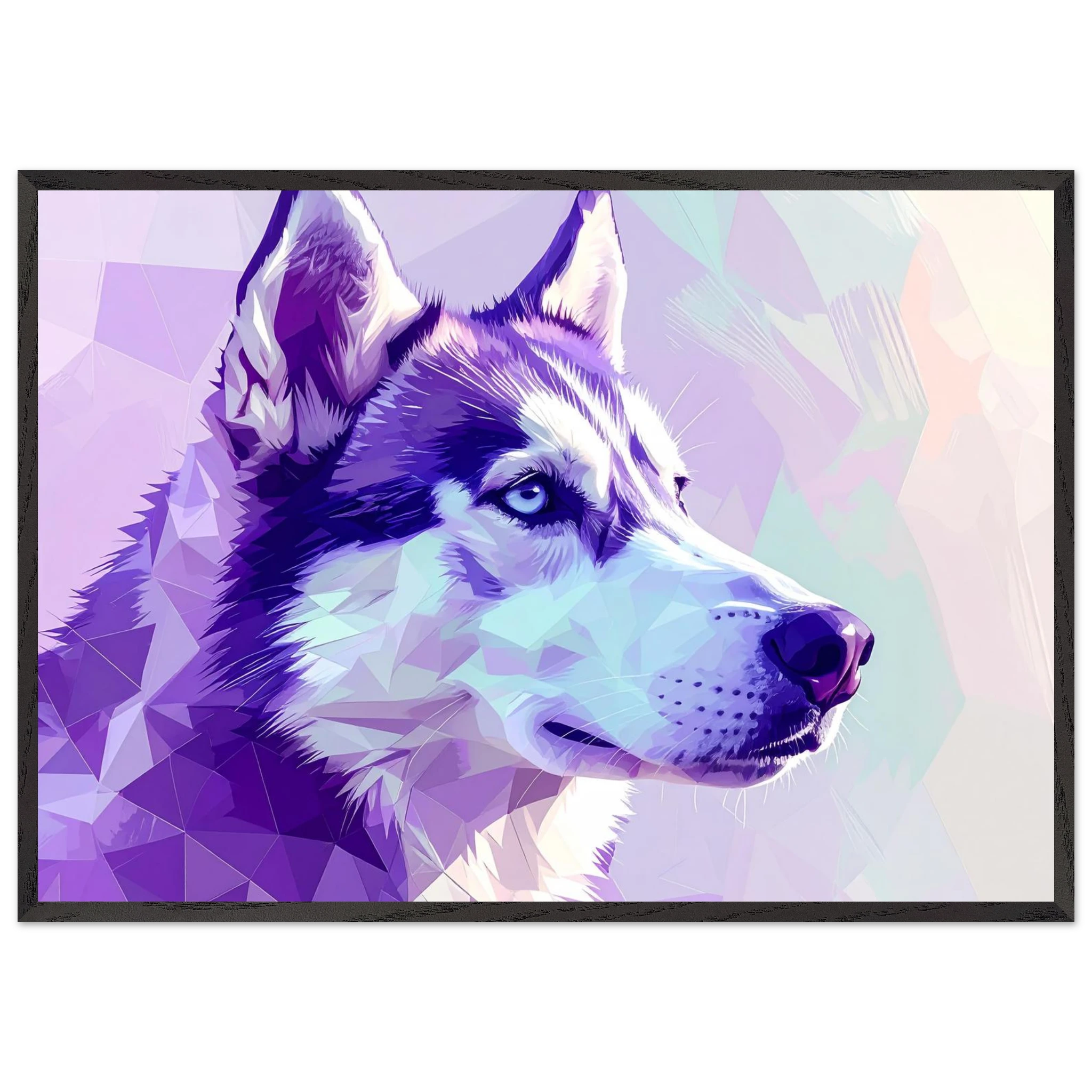 Abstrakter Husky-Portrait-Kunstdruck – Gerahmtes Premium-Poster in faszinierenden Lila-Tönen-petllective