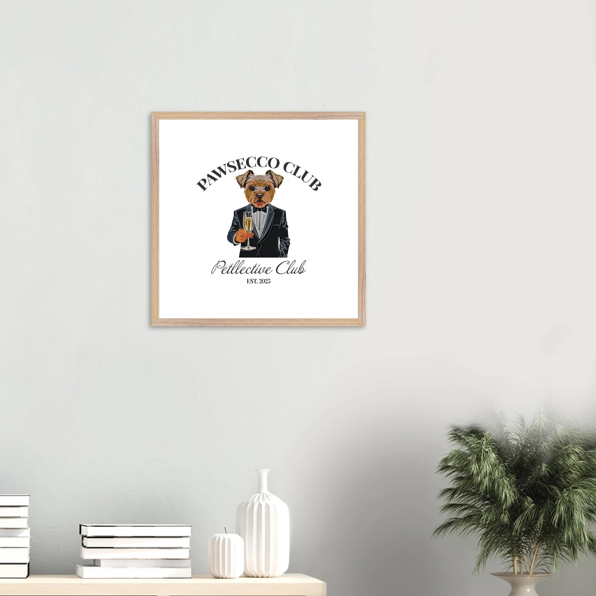 Wandbild Hund „Pawsecco Club“ – Premium Poster mit Holzrahmen-petllective