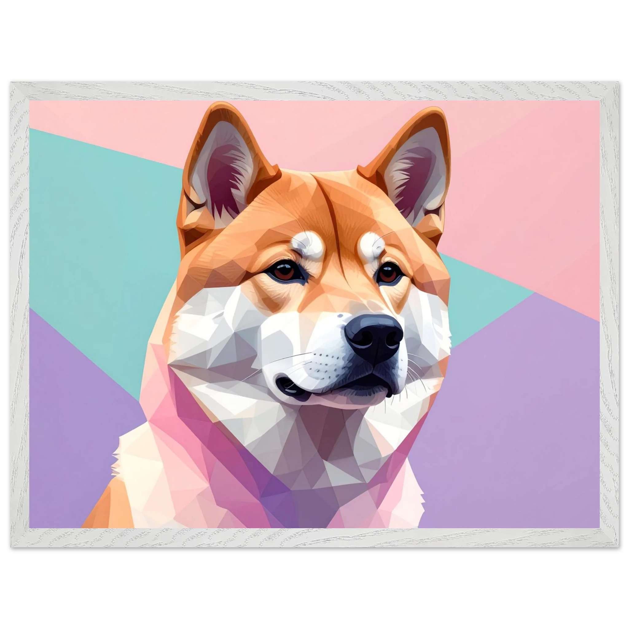 Abstrakter Shiba Inu: Gerahmtes Premium-Poster mit lebendigen geometrischen Formen in Pastellfarben-petllective