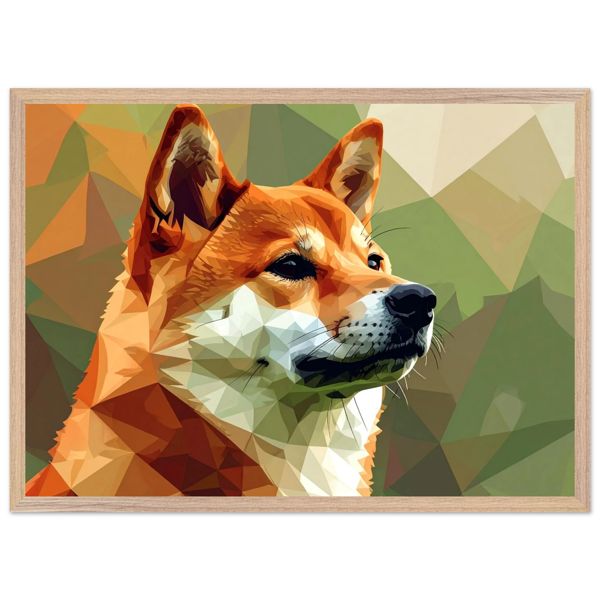 Shiba Inu Polygon Art Premium-Poster – Hundeliebe in leuchtenden Farben mit Holzrahmen-petllective