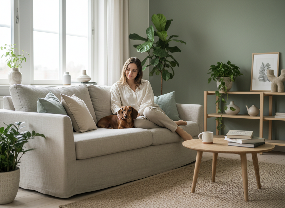 Dackel und Frau auf der Couch