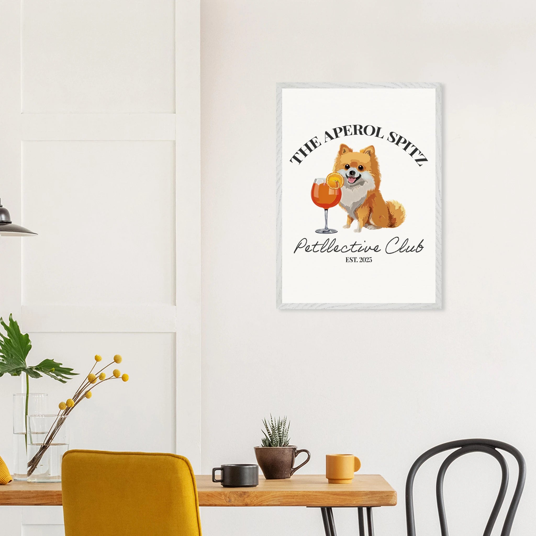 Wandbild Hund Illustration „Aperol Spitz“ – Premium Poster im Holzrahmen-petllective