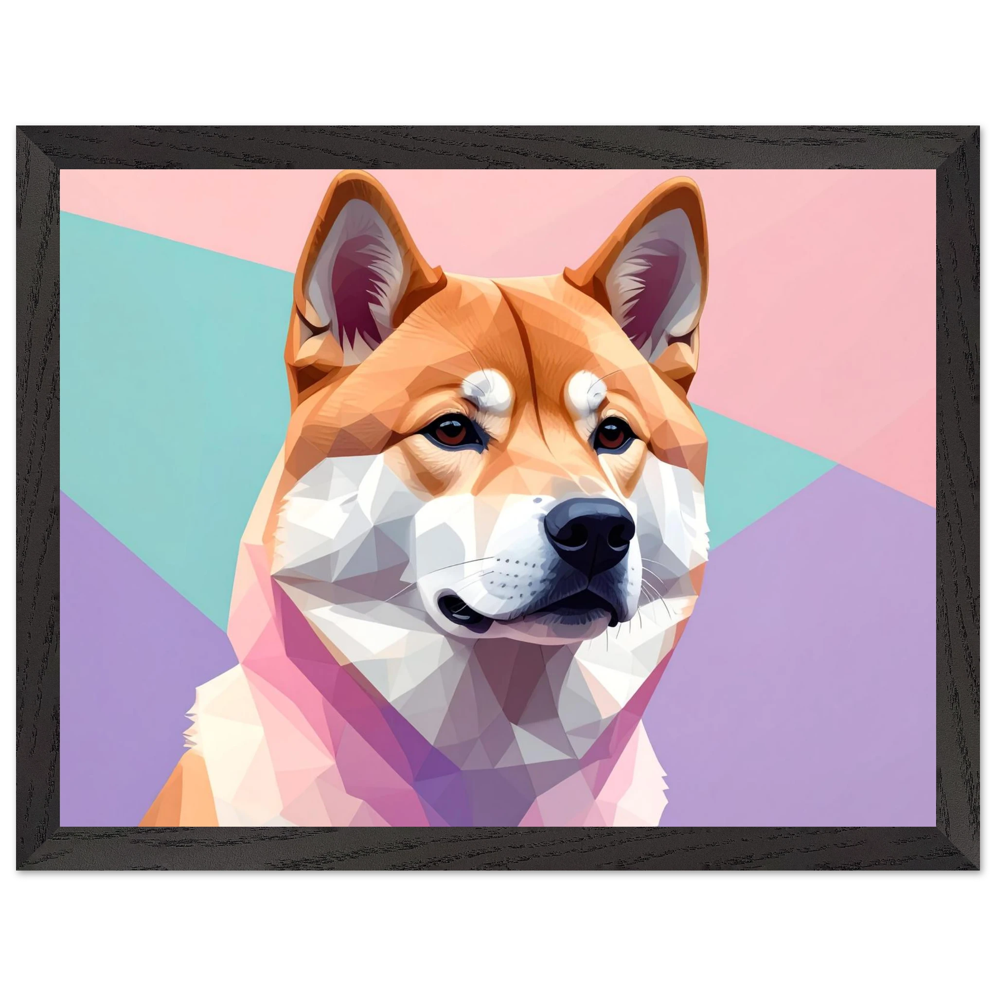 Abstrakter Shiba Inu: Gerahmtes Premium-Poster mit lebendigen geometrischen Formen in Pastellfarben-petllective