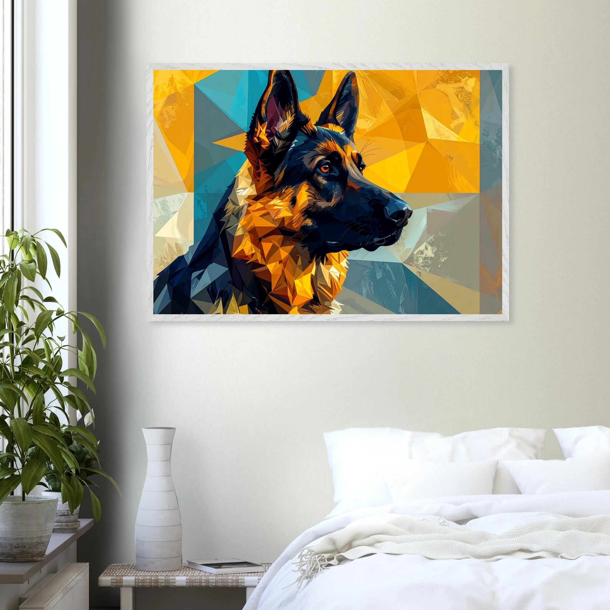 Geometrisches Schäferhund-Porträt: Premium-Poster mit Holzrahmen in deinem Stil-petllective