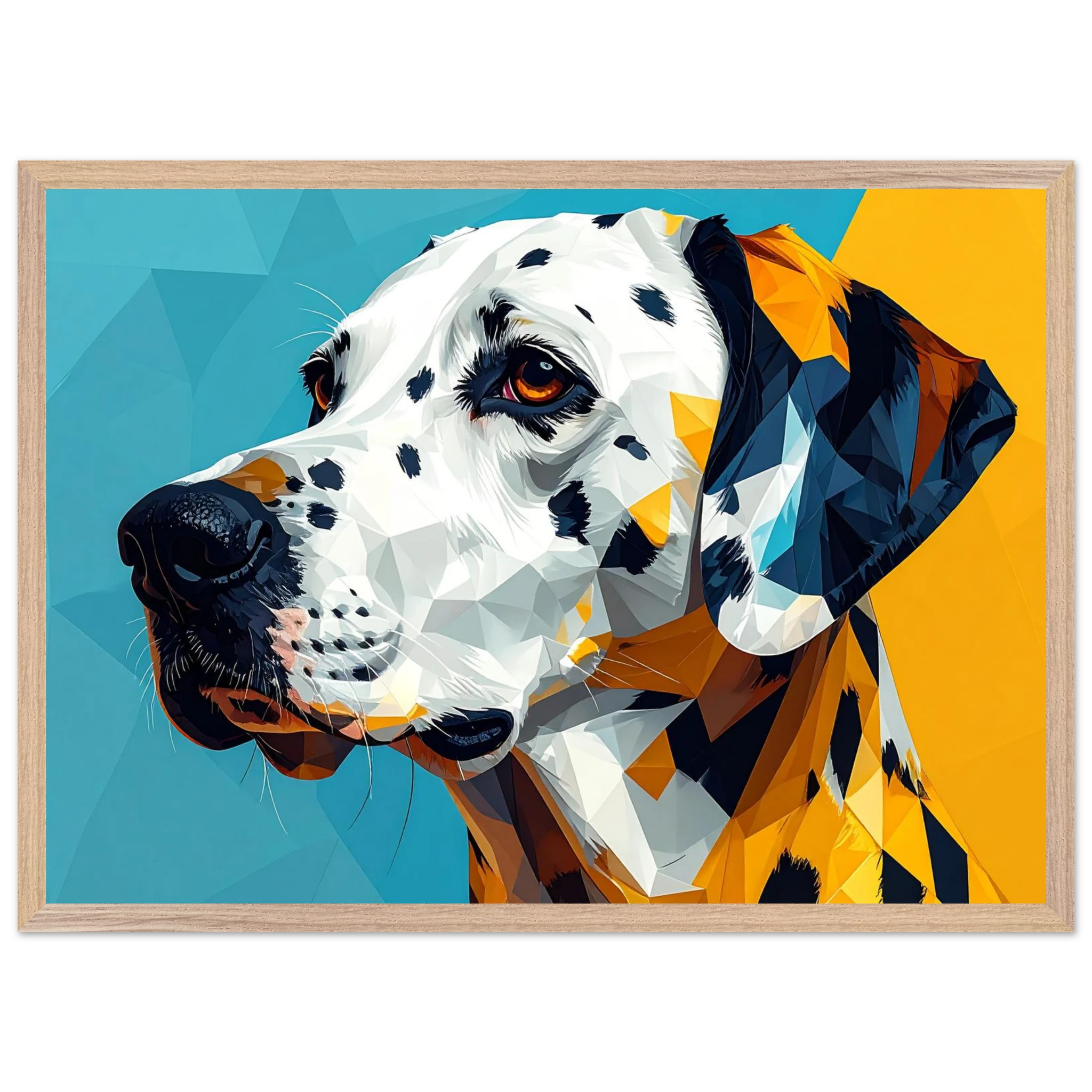 Abstraktes Dalmatiner-Portrait: Gerahmtes Premium-Poster in lebendigem Blau-Gelb-petllective