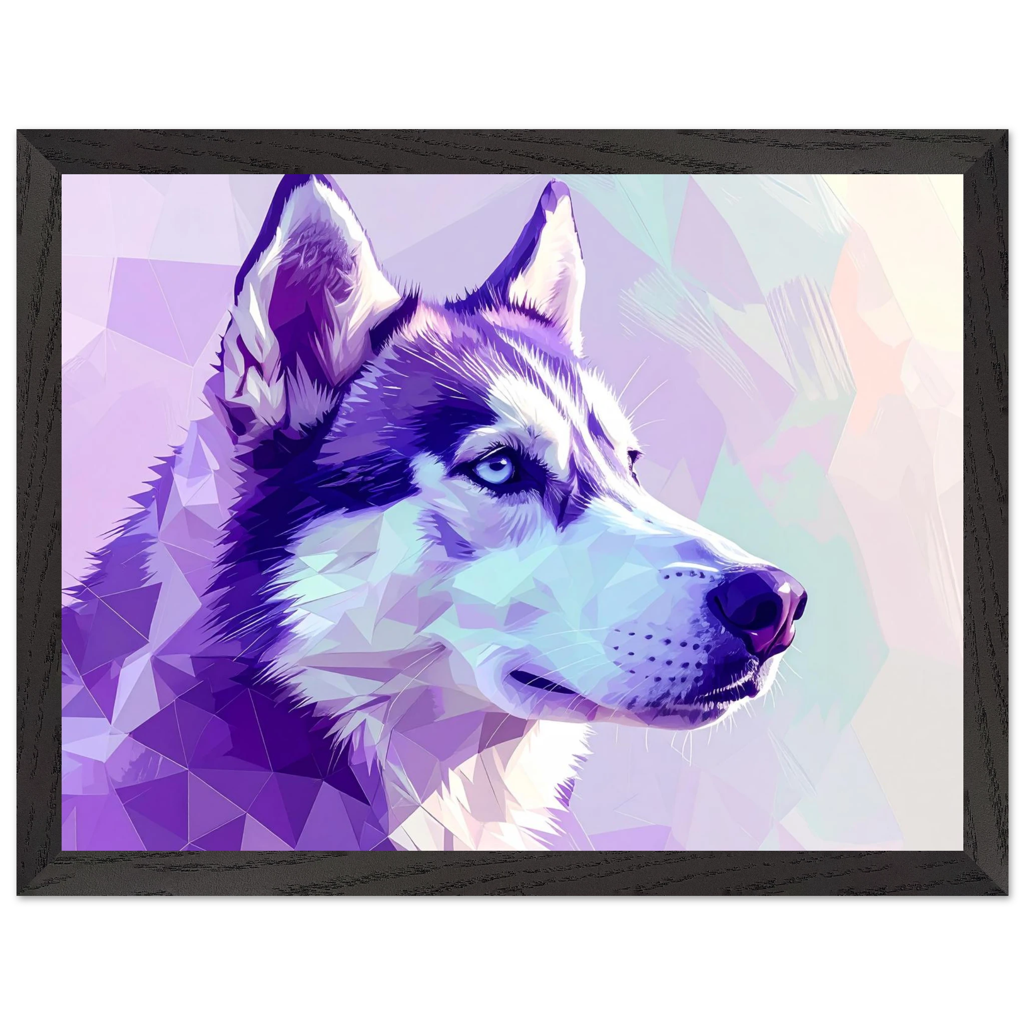 Abstrakter Husky-Portrait-Kunstdruck – Gerahmtes Premium-Poster in faszinierenden Lila-Tönen-petllective