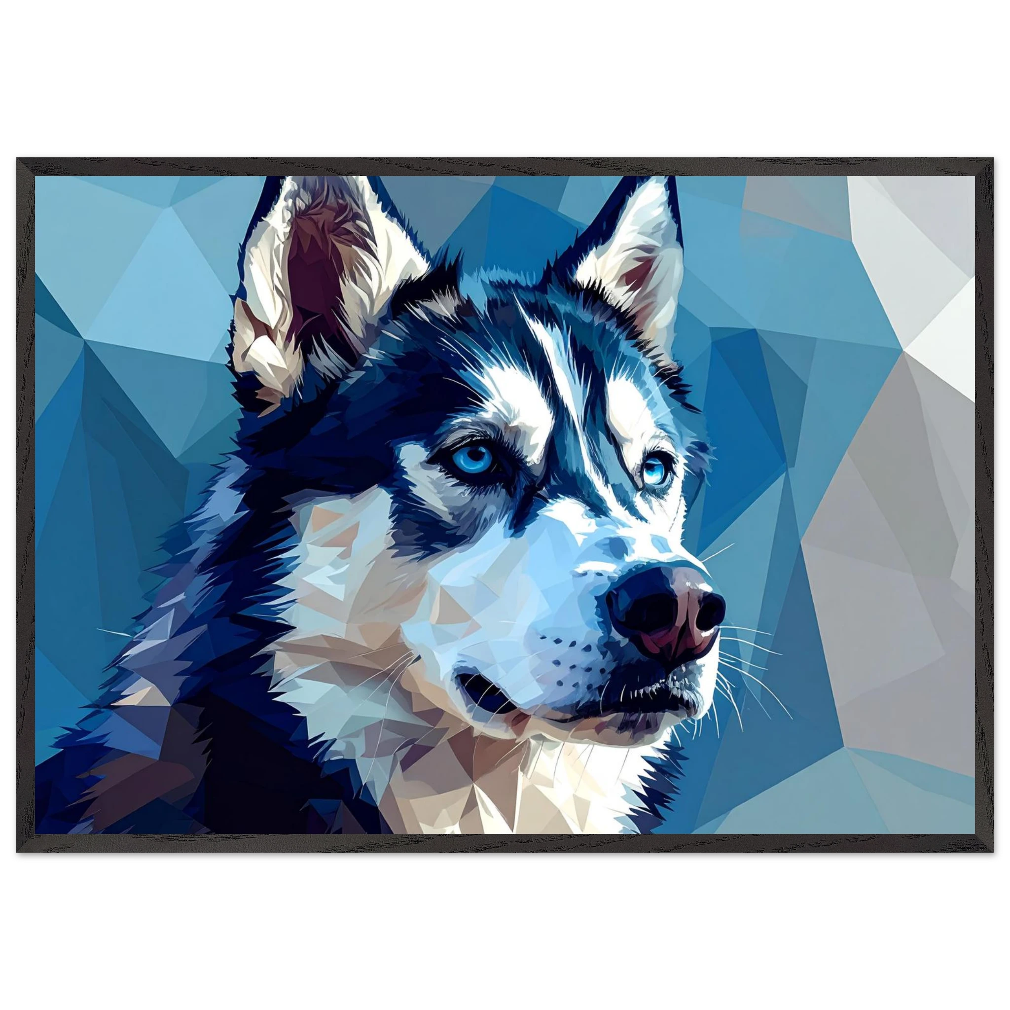 Abstrakter Husky: Premium-Poster mit Rahmen – Leuchtende Augen im geometrischen Design-petllective