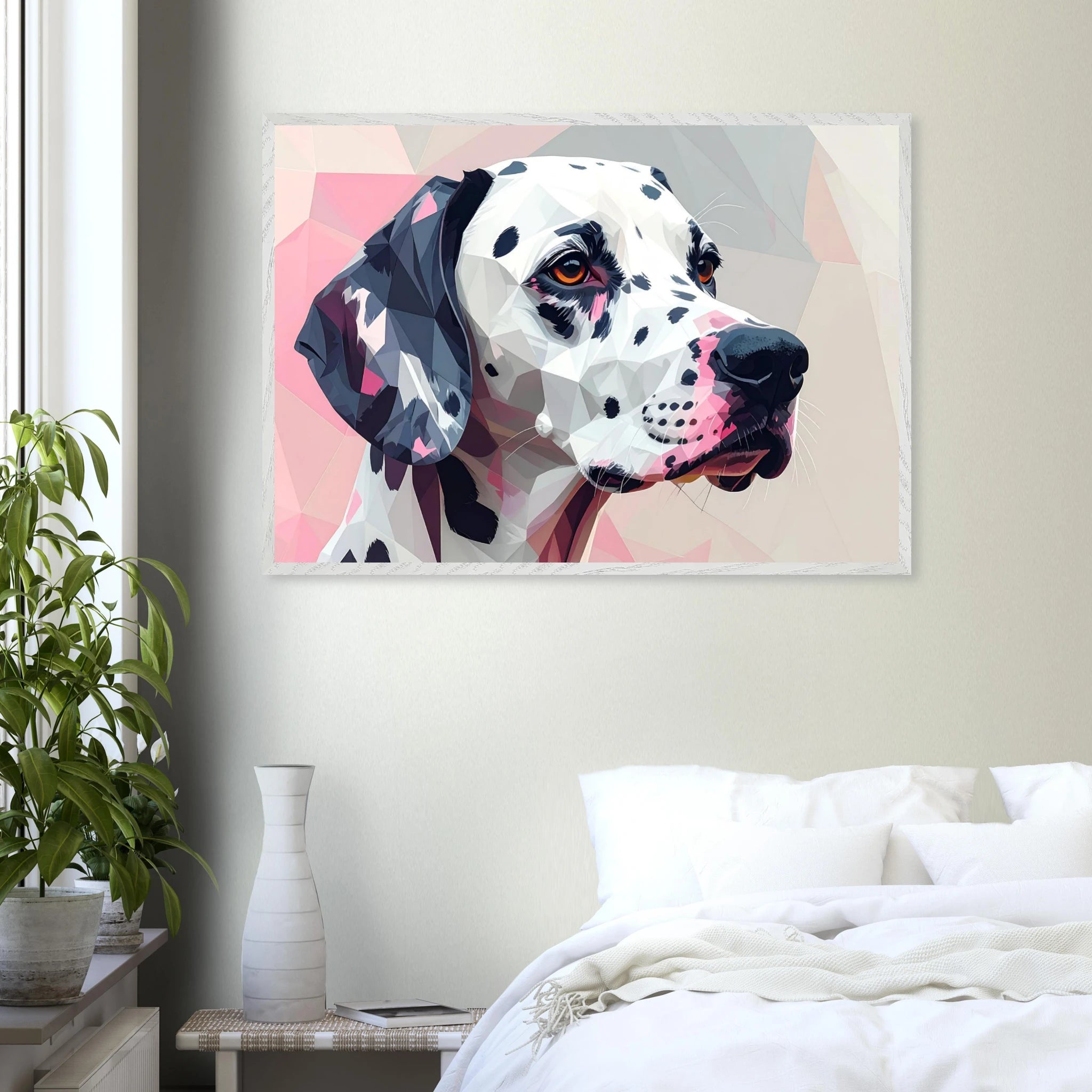 Abstraktes Dalmatiner-Porträt – Gerahmtes Premium-Poster in Pastellfarben und geometrischem Stil-petllective