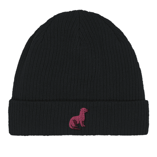 Schwarzes Beanie mit Umschlag und pinkem Otter-Stick auf der Vorderseite.