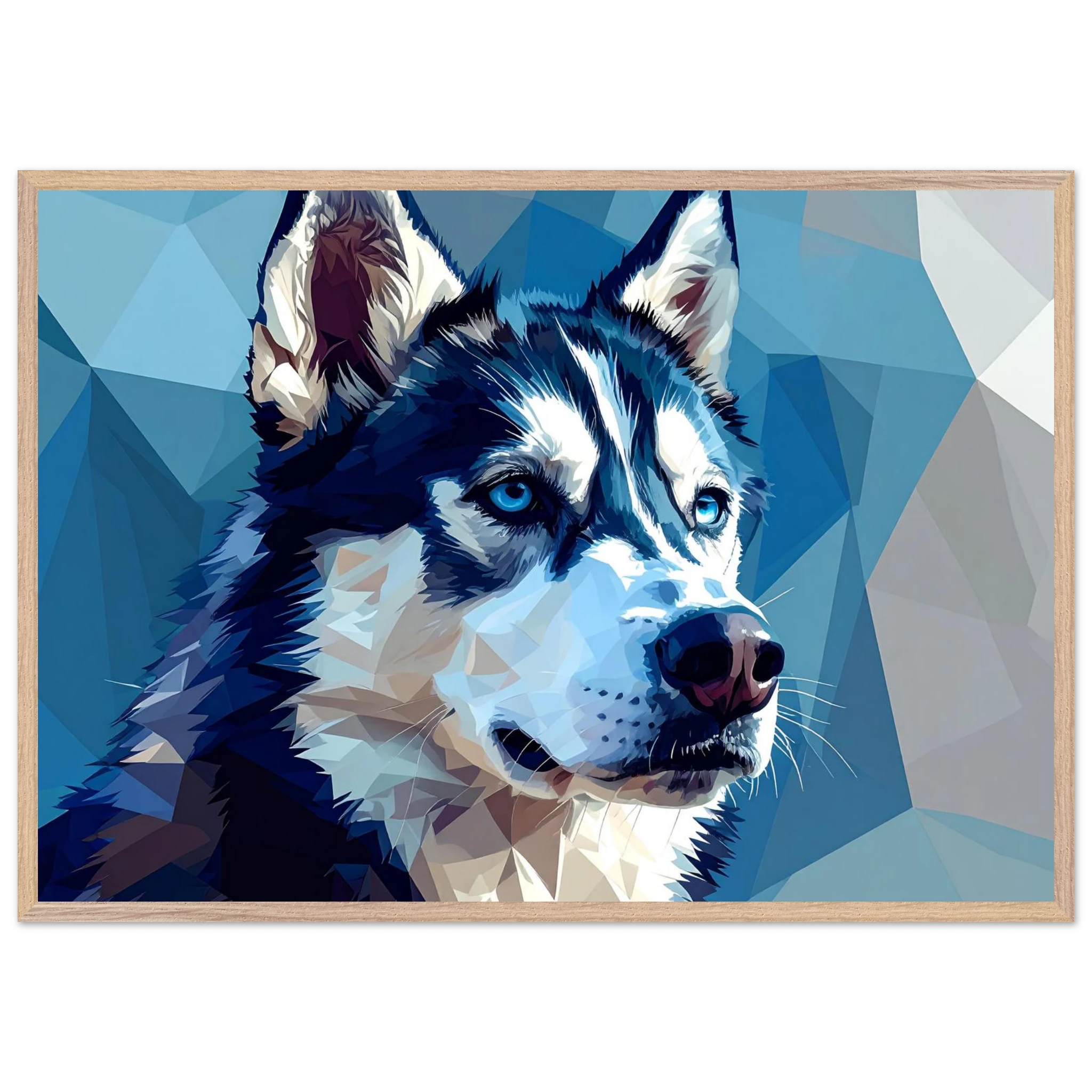Abstrakter Husky: Premium-Poster mit Rahmen – Leuchtende Augen im geometrischen Design-petllective