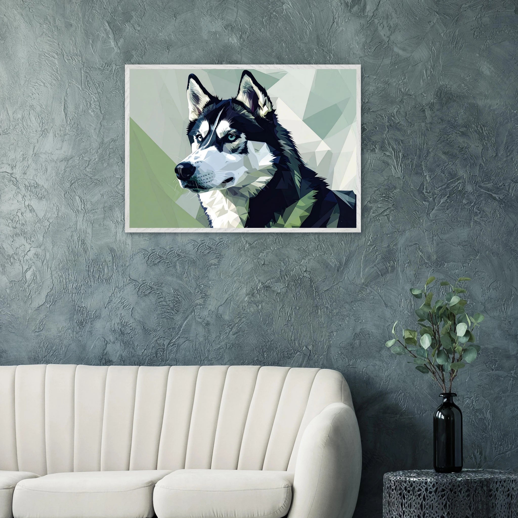 Abstraktes Husky-Porträt – Gerahmtes Premium-Poster mit lebendigen Farben und dezentem Glanz-petllective