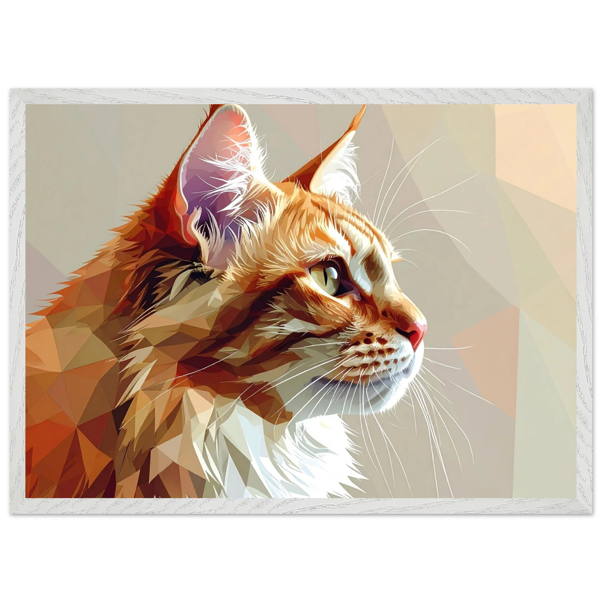 Abstraktes Katzenportrait Premium-Poster mit Rahmen – In orangefarbenem Polygon-Stil, in verschiedenen Größen und Rahmenfarben erhältlich-petllective