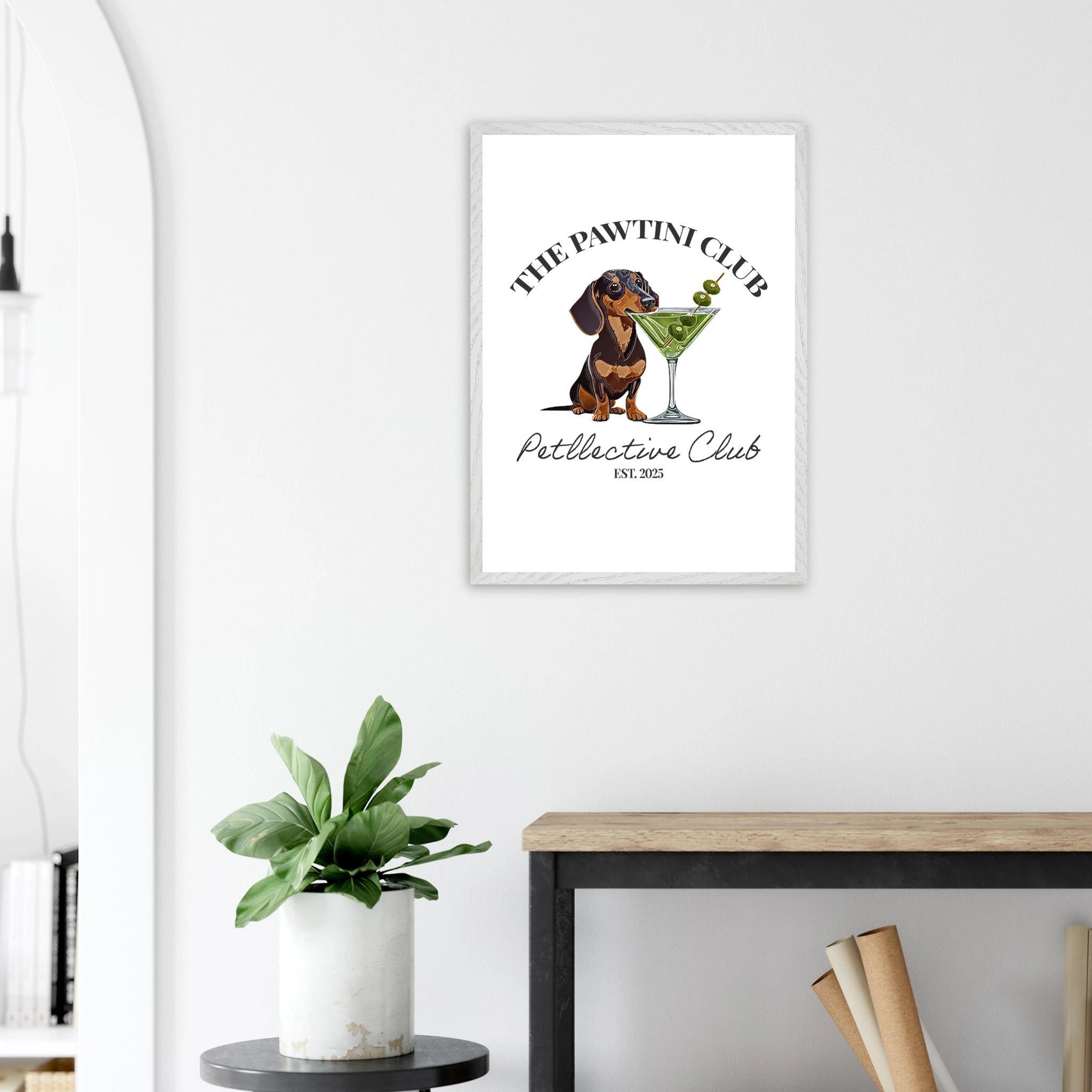 Wandbild Dackel Illustration „The Pawtini Club“ – Premium Poster mit Holzrahmen-petllective