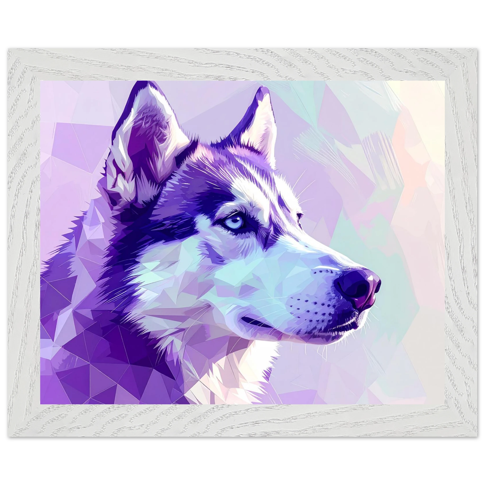 Abstrakter Husky-Portrait-Kunstdruck – Gerahmtes Premium-Poster in faszinierenden Lila-Tönen-petllective