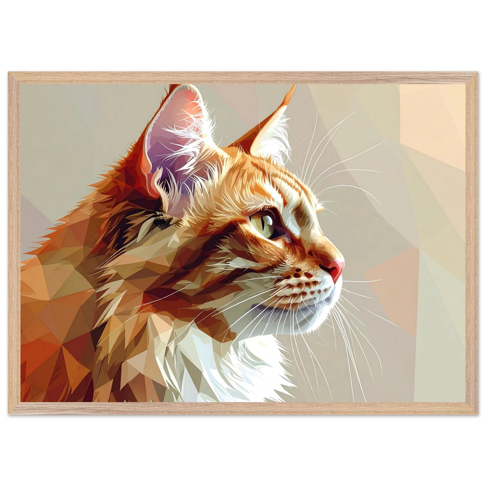 Abstraktes Katzenportrait Premium-Poster mit Rahmen – In orangefarbenem Polygon-Stil, in verschiedenen Größen und Rahmenfarben erhältlich-petllective