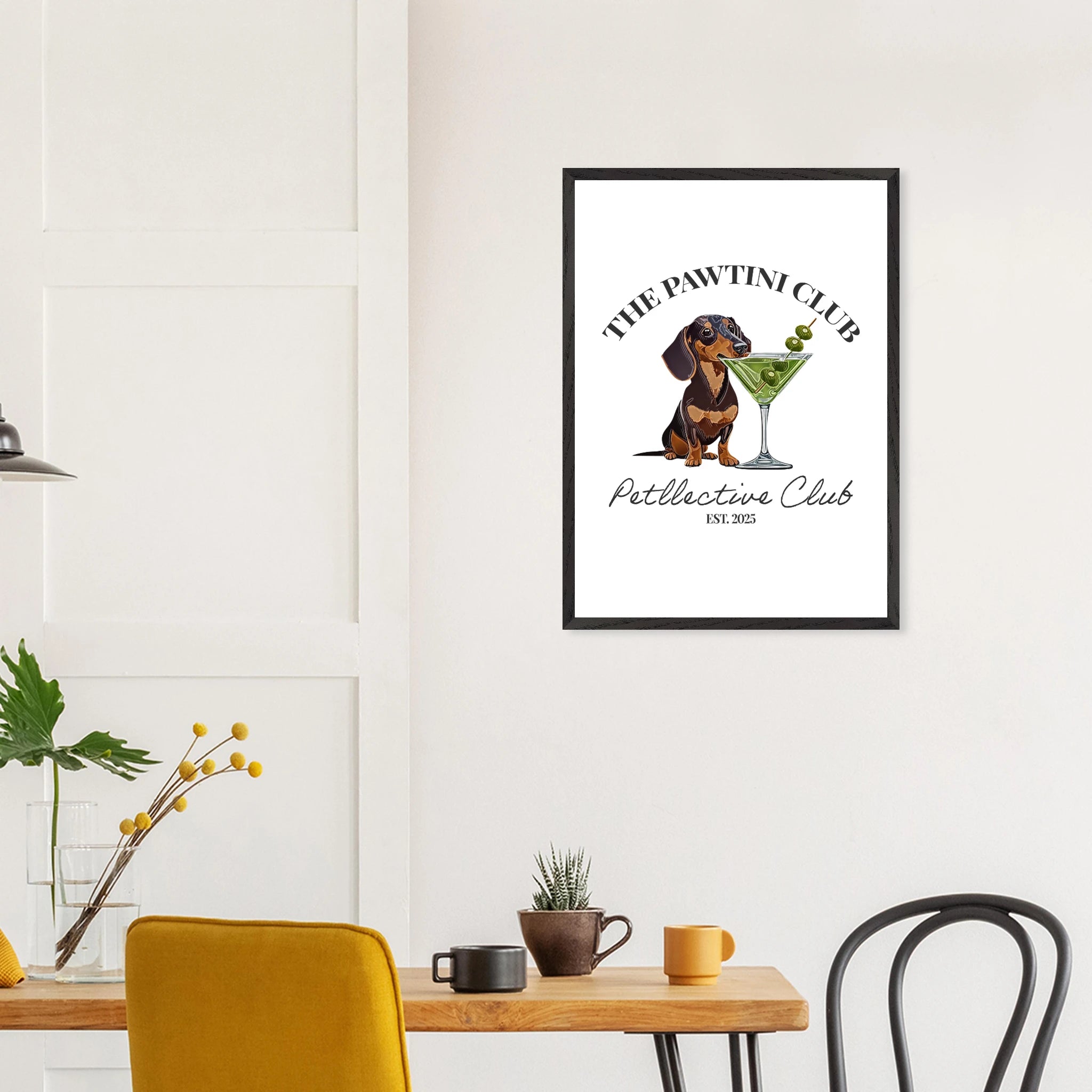 Wandbild Dackel Illustration „The Pawtini Club“ – Premium Poster mit Holzrahmen-petllective